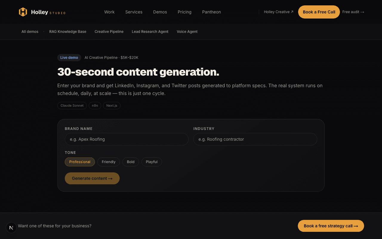 AI Creative Pipeline demo — brand and industry inputs generating LinkedIn, Instagram, and Twitter posts on the Holley Studio live demo.